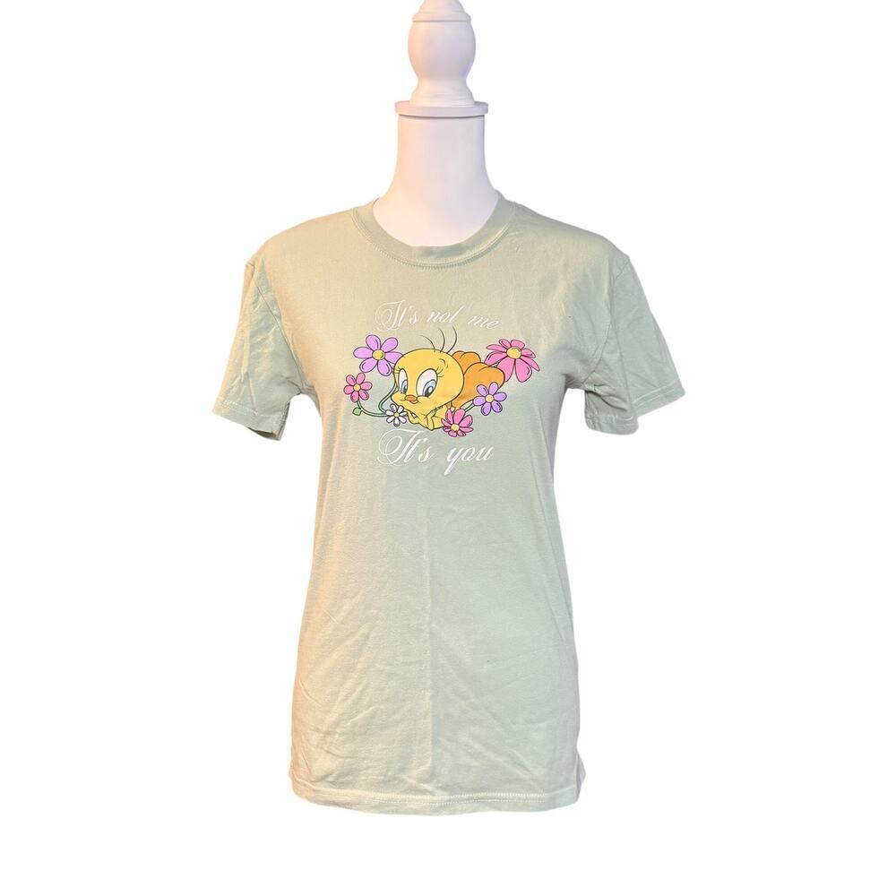 Looney Tunes Tweety Bird Floral Sage Green Graphic T Shirt Size Small